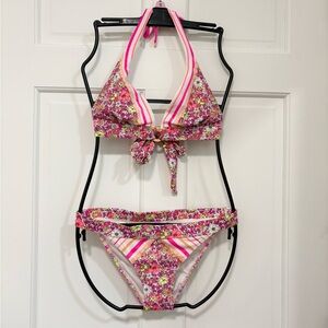 Victoria's Secret Bikini Neon Floral Halter Top Medium Bottom Small Summer Beach